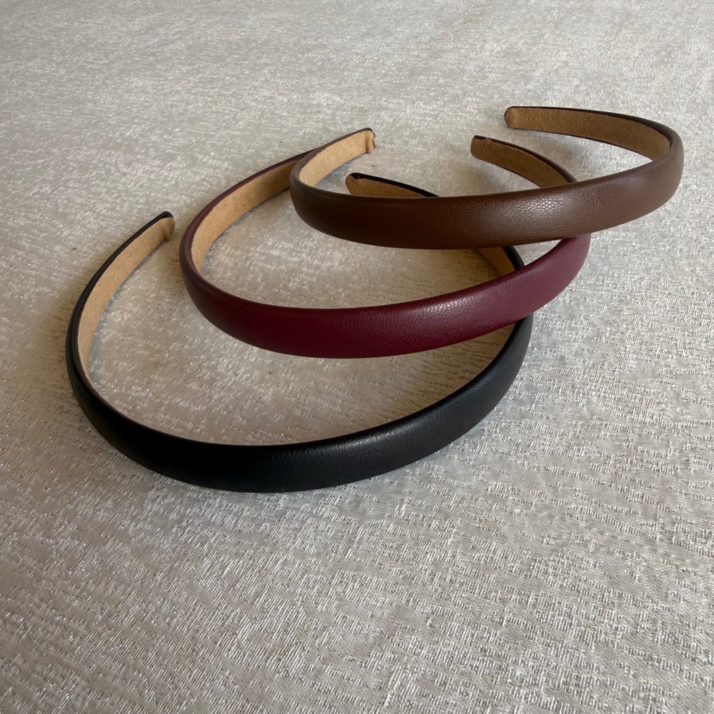 3pc Faux Leather Padded Headband Set Black Burgundy Brown Slim Hair Accessory